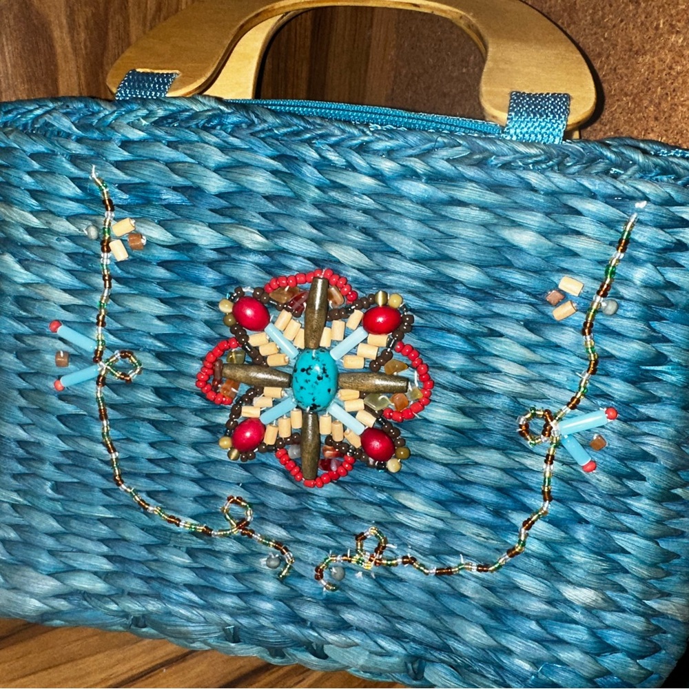 Handcrafted Blue Woven Bag with Beaded Design